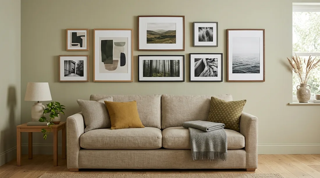 Bilderwand aus mehreren Rahmen in unterschiedlichen Formaten über einem Sofa