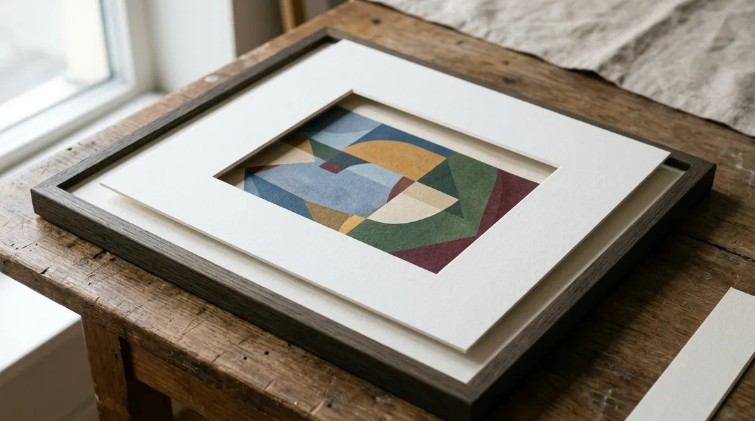 Weißes Passepartout mit abgeschrägtem Ausschnitt liegt auf einem gerahmten Kunstdruck