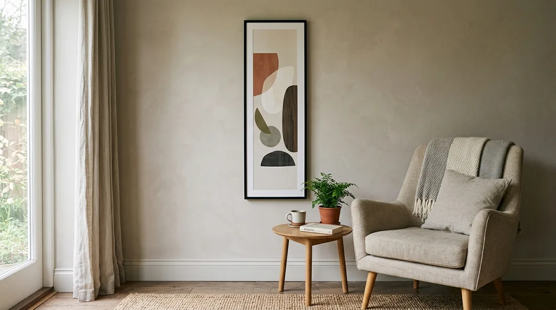Schmaler, hochformatiger Posterrahmen mit abstraktem Kunstdruck an einer Wand neben einem Sessel